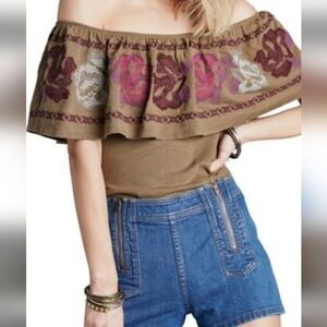 Free People Brown Off-Shoulder Blouse with Pink Floral Design